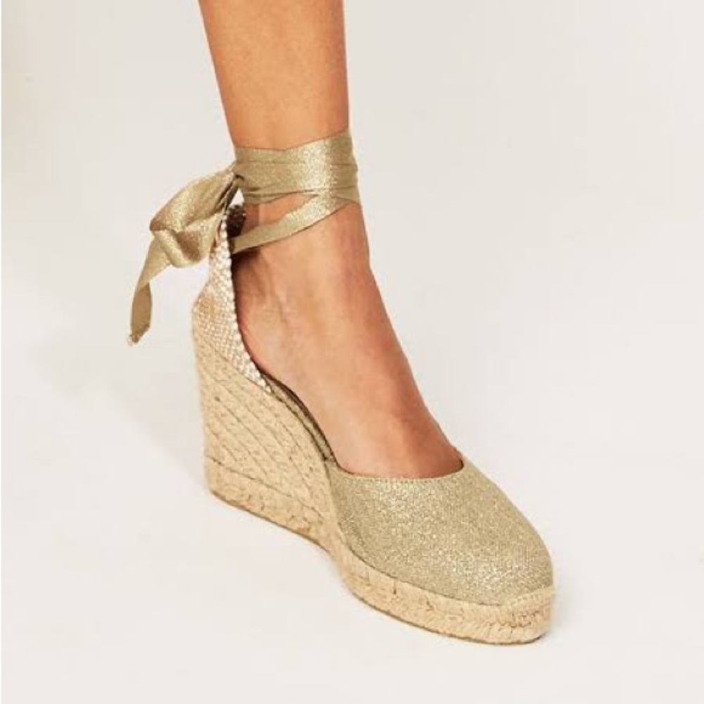Castaner Gold Espadrilles with Pink Laces